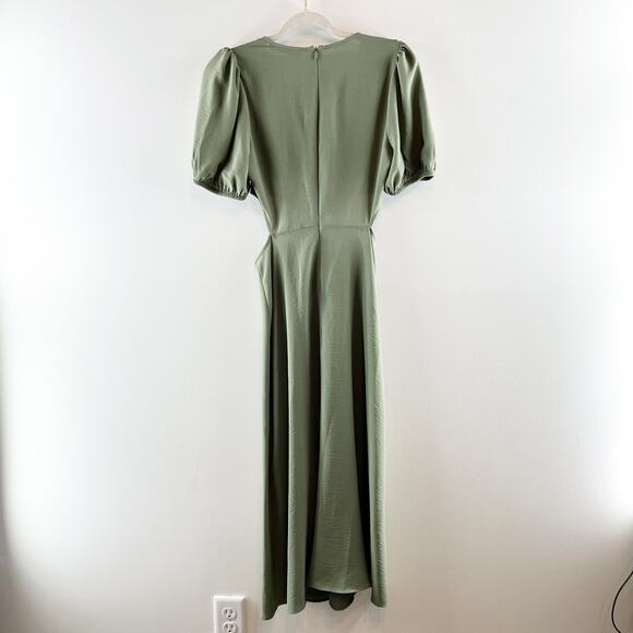 Zara Short Puff Sleeve Round Neck Cut Out A-Line Midi Dress Green Small - Picture 4 of 10